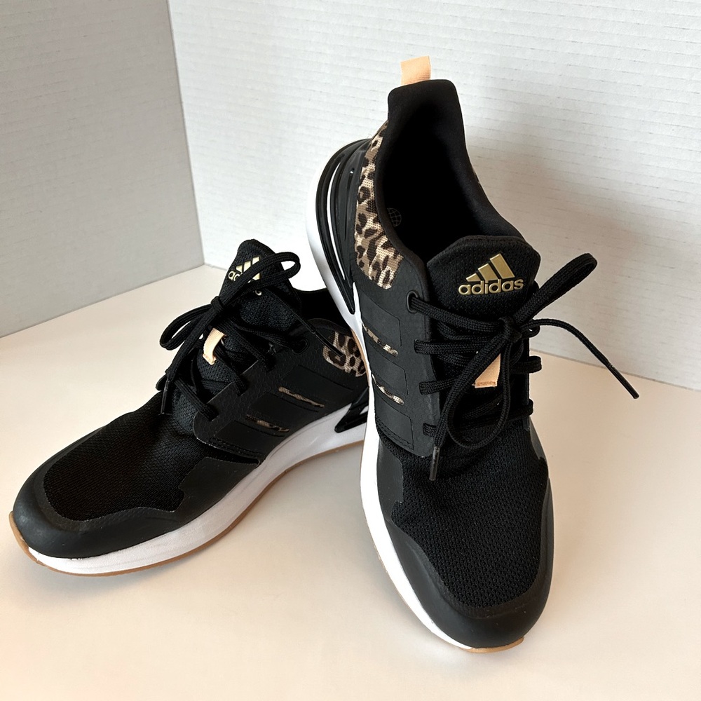 adidas Women's Black White Leopard Athletic Sneakers with Gold Accents